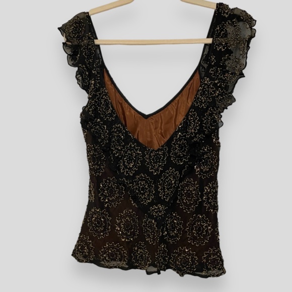 Black Silk with Gold Beading Double V Top Size Medium - Picture 2 of 6
